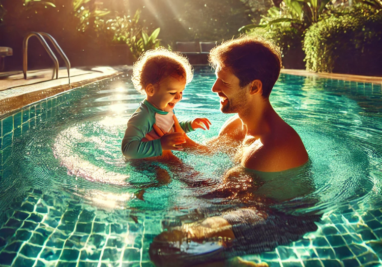 Родитель учит плавать ребенка